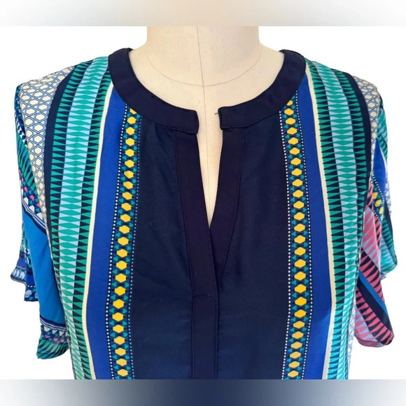 NWT Scarf Print Short-Sleeve Blouse by Fun 2 Fun navy pink teal satin Stitchfix - Picture 5 of 16